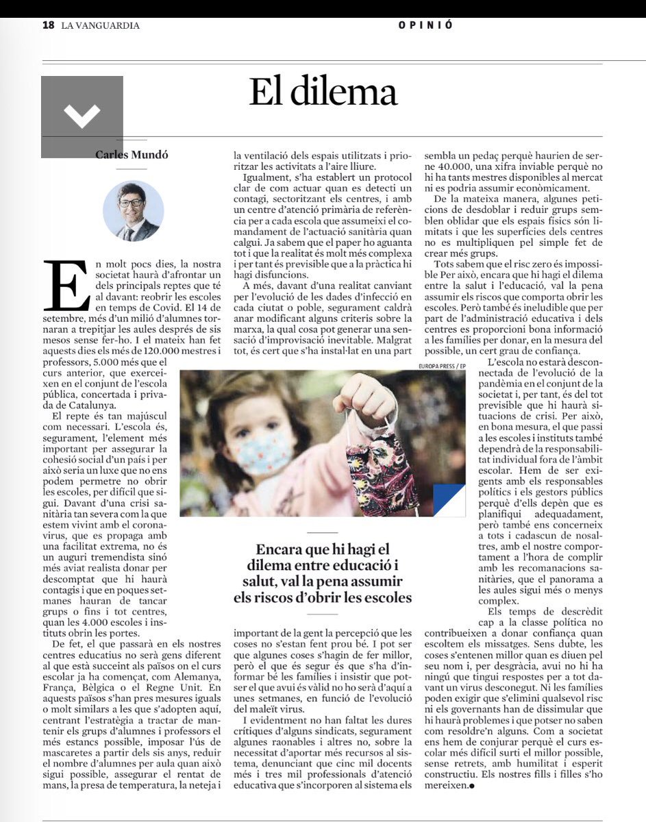 JosepMVilalta's tweet image. El dilema entre educació i salut, article @CarlesMundo LV @cfdeh @FundacioBofill @RosaSensat @Edu21_cat @educacio360 @ismaelpalacin @evallory @maprats @eponsf @coralregi @PepeMe @jordicarmona @JaumeFunes @Merce_G @NewsNeus @PiGaOt @FathiaBenhammou @AnnaSimo