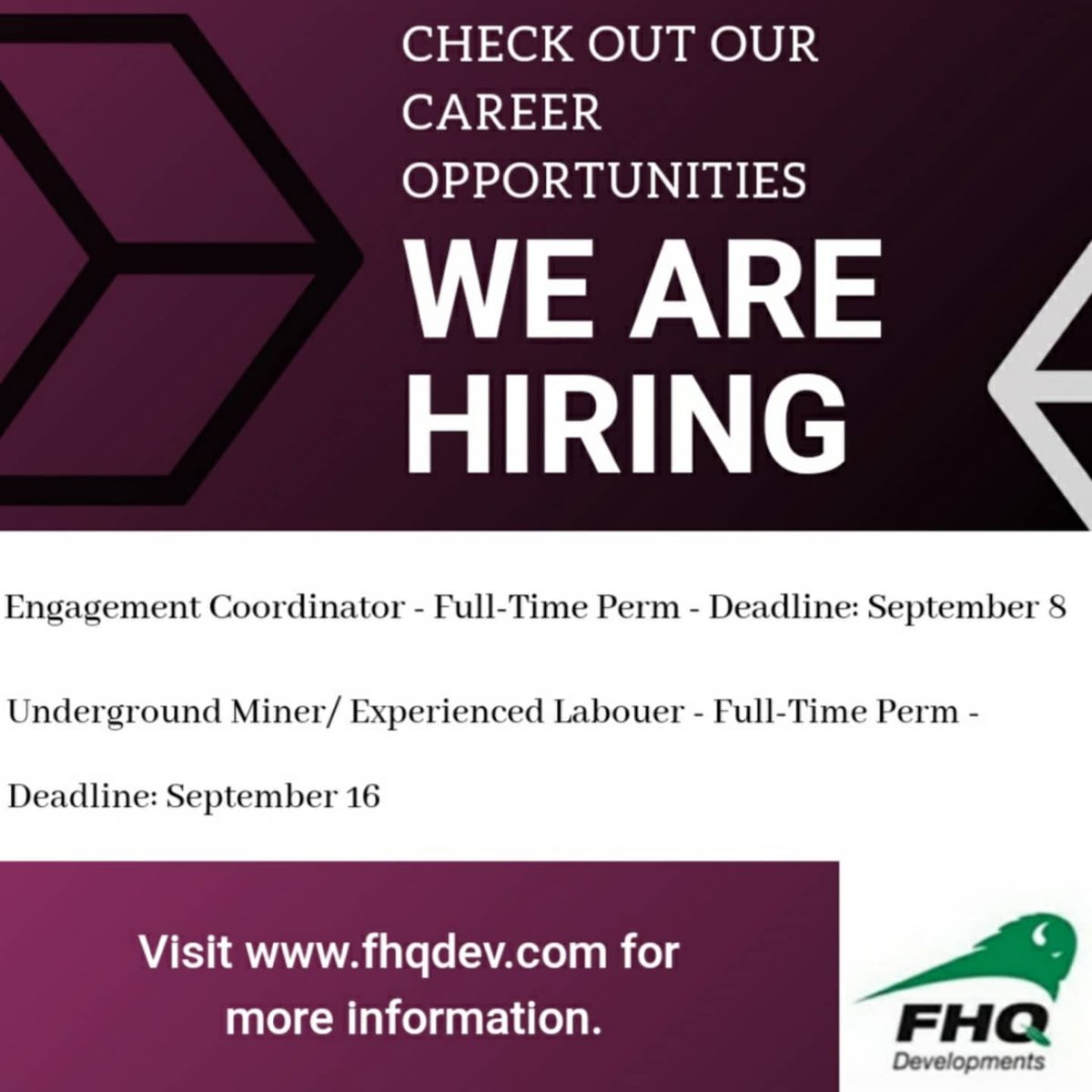 FHQDev's tweet image. We are curerntly hiring for Underground Mine / Experienced Labourers on behalf of our partner.  

APPLY online fhqdev.com. 

#TokataHRSolutions #mine #underground #labourer #journeyperson #applyonline