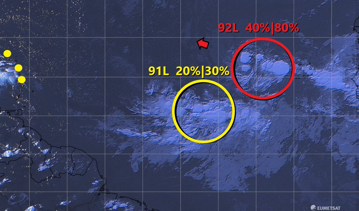 Meteouragans's tweet photo. l'#OT34 est devenue la zone #Invest92L #92L cet après-midi. Vents soutenus : 46 km/h, pression minimale à 1009 hPa. 40 et 80% de risque cyclonique sur 2 et 5 jours.
il y a donc 2 zones d’investigations avec celle désignée #91L #OT33, 20 et 30% de risque sur 2 et 5 jours. https://t.co/HS6f4qEdCn