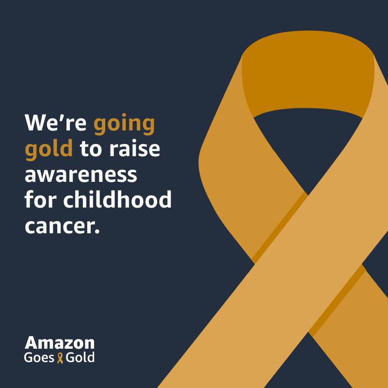 amazonnews's tweet photo. In September, Amazon is "going gold" to support Childhood Cancer Awareness Month. Discover how we fight for children at https://t.co/lJ1hcgMh2k. 

#amazongoesgold
#deliveringsmiles https://t.co/ZzYnFuVFmw