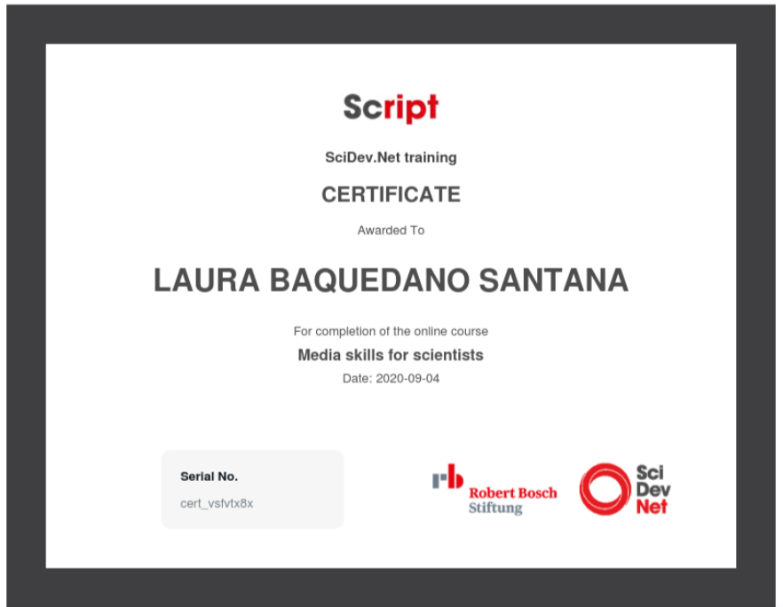 laurabaquedano's tweet photo. Thanks @scidevnet y a @sciencejf 
Certificate: Media skills for scientists
Highly recomended! 🙌
#scidevnet #journalism #science 
@SciDevNet_AL @scidevnet @script 
https://t.co/dheJ90DzR0 https://t.co/8gwd7g43kr