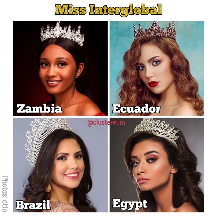 clustereum's tweet photo. Who is your favorite to win the #MissInterglobal 2020 crown?
#Zambia Pearl Mercedes Thornicroft
#Ecuador Nicole Pinilla Marin
#Brazil Jessica Nunes
#Egypt Radwa Samer
#missegypt #missecuador #missbrasil #missbrazil #misszambia #womenempowers #septembervibes #beautypageantmedia https://t.co/XszOLBFtHH