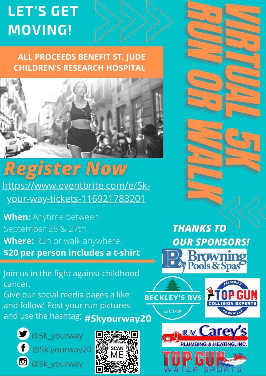 Registration is open! Sign up using the link below or it is posted on here as an event! Please support St. Jude Children’s Research Hospital by signing up and easing awareness for childhood cancer! eventbrite.com/e/5k-your-way-…