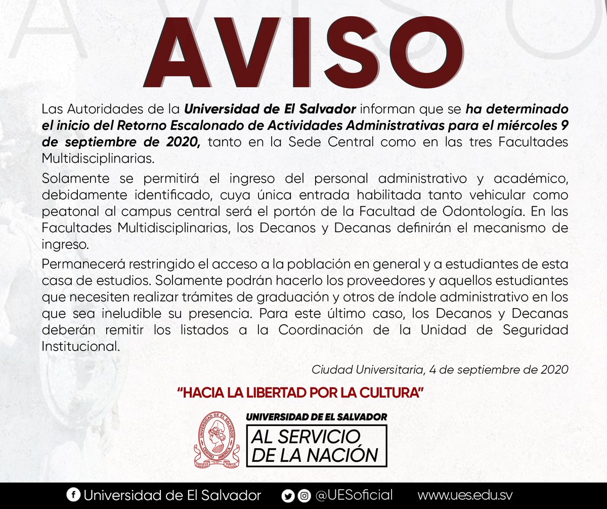 UESoficial's tweet photo. ¡#AvisoUES!  ⚠️ 
#RetornoEscalonadoUES 

Respecto al Retorno Escalonado de Actividades Administrativas, la @UESoficial informa: https://t.co/OF0YA3tUp8