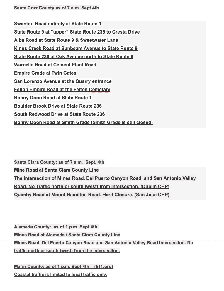 KCBSAMFMTraffic's tweet photo. An updated list of road closures related to the #CZULightningComplex, #SCULightningComplex &amp; #LNULightingComplex fires with updates for #SantaCruzCounty and #SanMateoCounty. #KCSBTraffic https://t.co/oJXjUvgFBU
