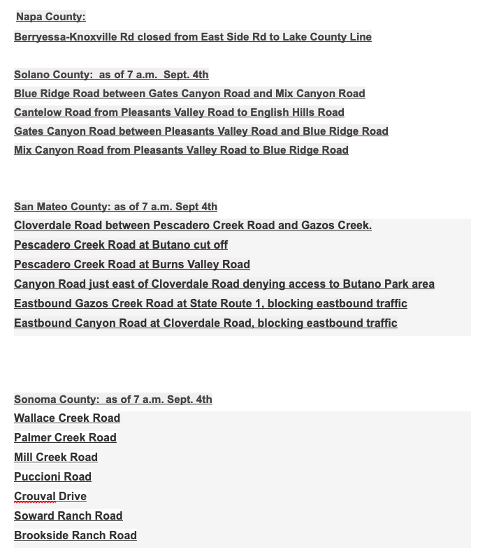 KCBSAMFMTraffic's tweet photo. An updated list of road closures related to the #CZULightningComplex, #SCULightningComplex &amp; #LNULightingComplex fires with updates for #SantaCruzCounty and #SanMateoCounty. #KCSBTraffic https://t.co/oJXjUvgFBU