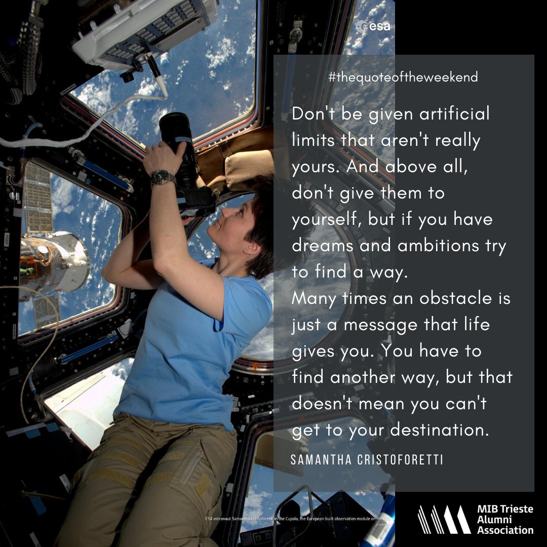 MIBAlumni's tweet photo. #thequoteoftheweekend 📝
Hi #MIBCommunity,
let's start the day with the fabulous @AstroSamantha who gives us a precious and wise suggestion! 🚀 
[ Ph. Source: https://t.co/w7Lc4SvYx7 ]
#WomenInSTEM #womeninscience #AstroSamantha https://t.co/VrOUKMBl8i
