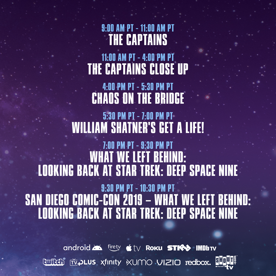 Welcome to the #StarTrekDay Marathon, happening now on Shout Factory TV, starting with #TheCaptains! Who is your favorite Captain? 
Stay tuned afterwards for #CaptainsCloseUps with #WilliamShatner, #PatrickStewart, #AveryBrooks, #KateMulgrew and #ScottBakula! #StarTrek