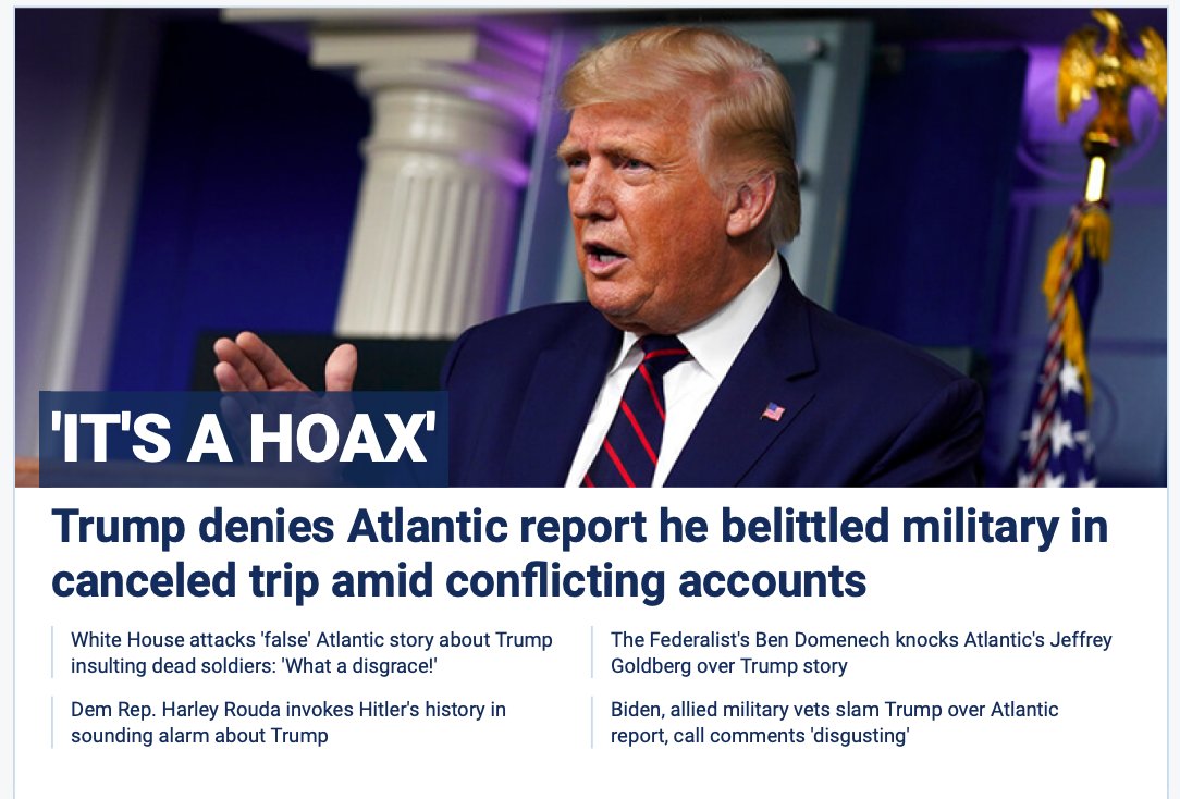Just remarkable that after Fox's own reporter *CONFIRMS* key details of The Atlantic's report, this is the headline on the network's website.