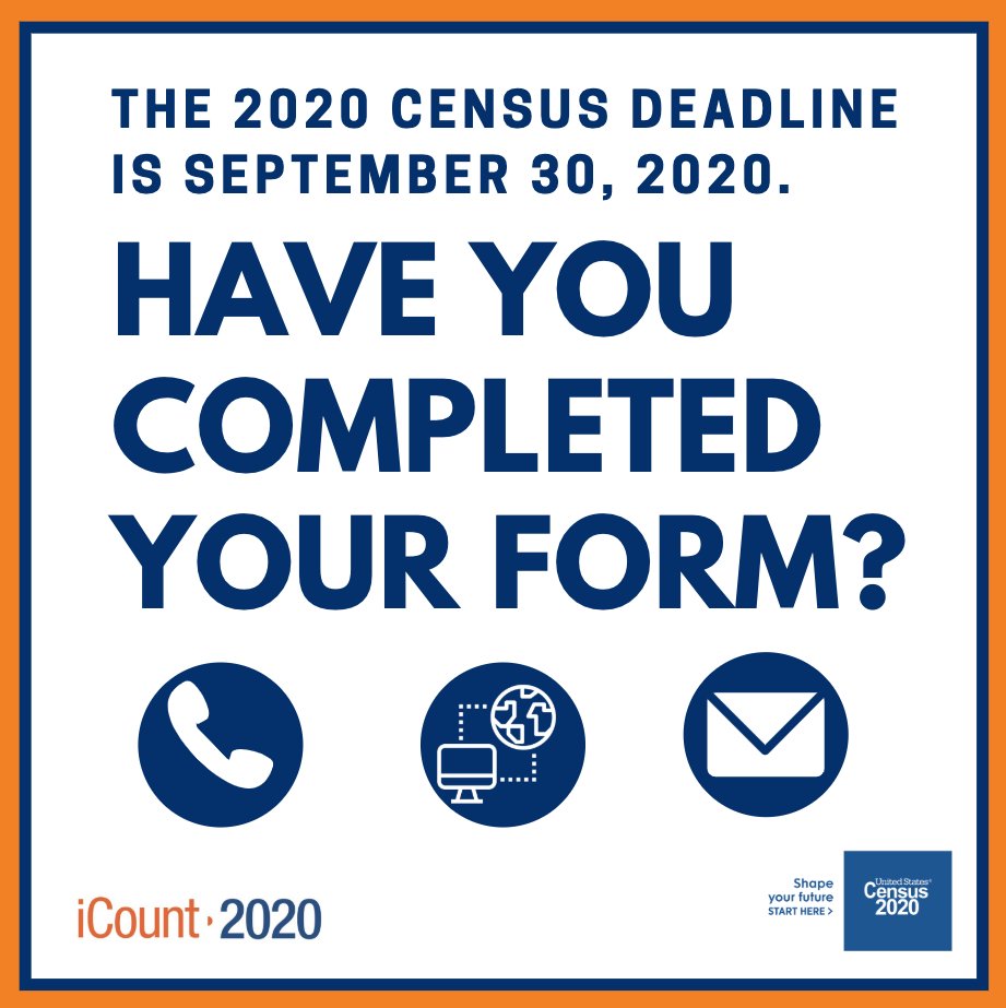 iCount2020's tweet photo. Have you completed your #2020Census form yet? The deadline to submit your form is September 30, 2020. Check something off your to-do list that you can feel good about. When you complete the census, you count for our community! Get started now at https://t.co/QlSsifLtuT https://t.co/fleYGFNnWC