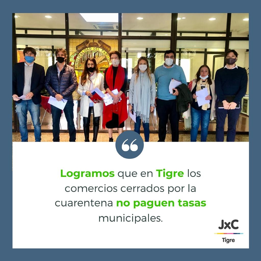 Logramos que comerciantes de Tigre, los locales en el Puerto de Frutos, los prestadores de distintos servicios y actividades que debieron permanecer cerrados durante la cuarentena, sean eximidos del pago de tasas municipales. 
Seguimos reclamando para que se amplíe esta medida