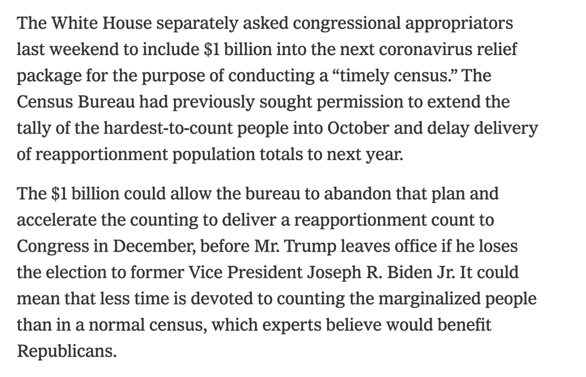 This version of events hides the ball quite a bit. The WHITE HOUSE asked the Senate GOP to fund more $$ in its COVID proposal rather than move back the deadlines (via NYT)  https://www.nytimes.com/2020/07/21/us/politics/trump-immigrants-census-redistricting.html
