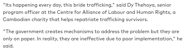 Over the past decade, tens of thousands of Southeast Asian women have been lured to China by criminal networks promising lucrative jobs, only to be sold as "brides" (slaves}.  #opDeathEaters https://www.globalcitizen.org/en/content/cambodia-urged-to-end-bride-trafficking/
