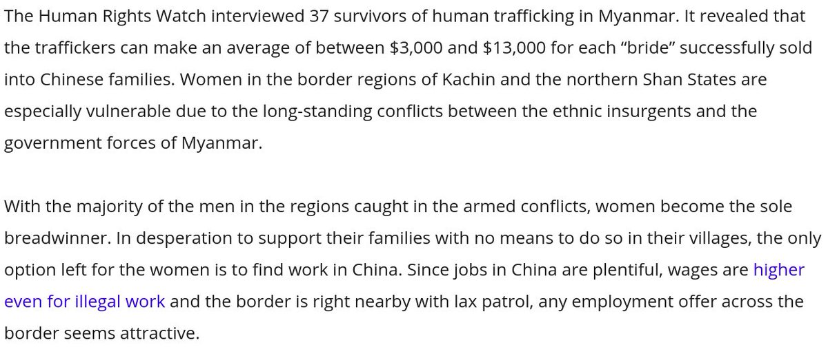 Trafficking of girls for Chinese baby production is a component of the ethnic genocides in Myanmar. It is also enabled by ethnic discrimination in the northern parts of Laos and Vietnam and totalitarianism in North Korea.