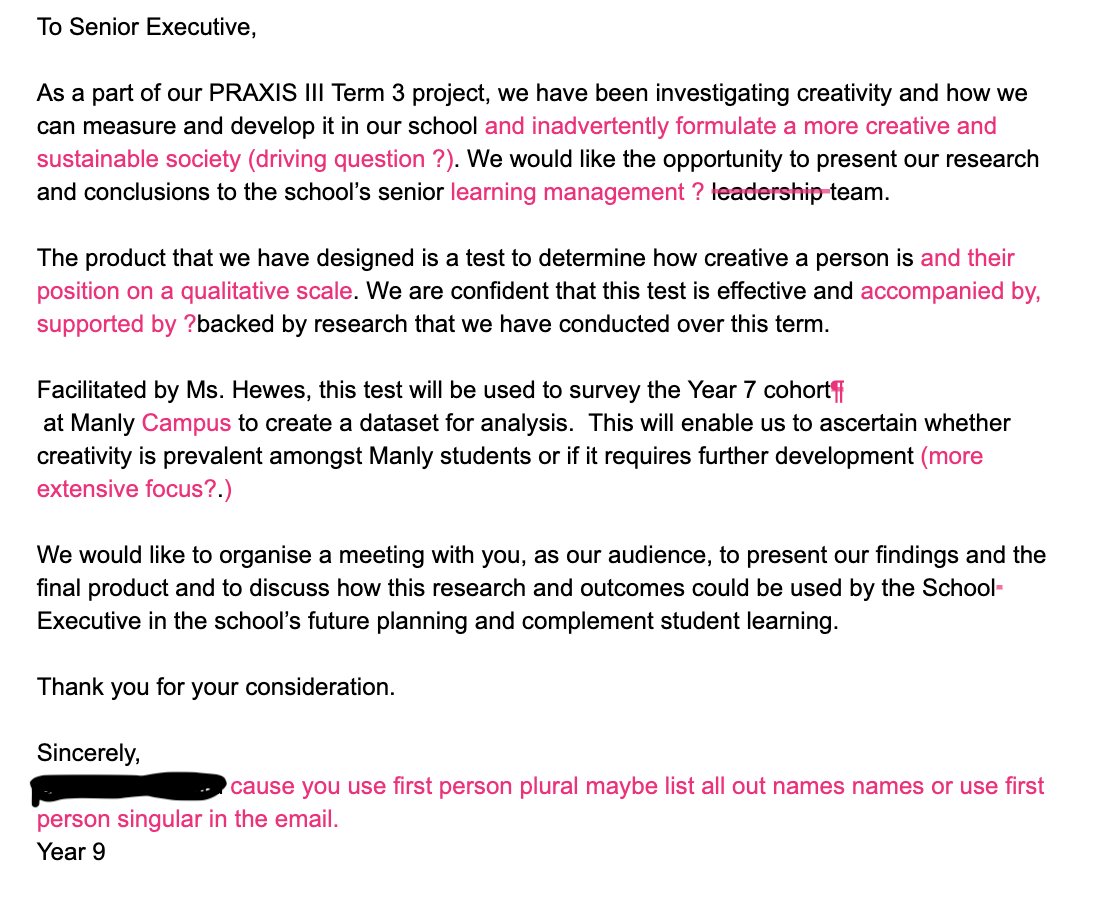 BiancaH80's tweet photo. One of my year 9 teams has written an email to our senior executive about their current project - the pink is suggested revisions by his team-mate. So proud. (This project was fully designed by the students.) #AussiePBL https://t.co/vzyUY6KgXo