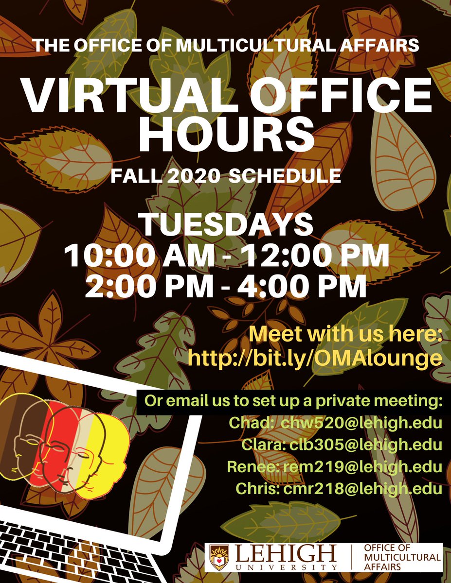 The Office of Multicultural Affairs is offering up Office Hours as well as virtual rooms for students! Please view the attached fliers for more information!