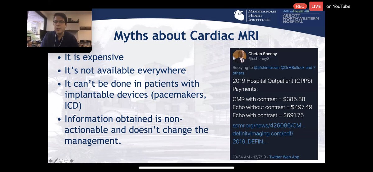 9/Well then, let’s bust some common myths about  #WhyCMR: See myths below.1) busted by Dr.  @cshenoy3, see below2)same machine used for knees, brain and . Just need  #WhyCMR software and training. 3)CAN be done in pts with PPM, ICDs (it’s 2020!!)4)Read thread from the top!