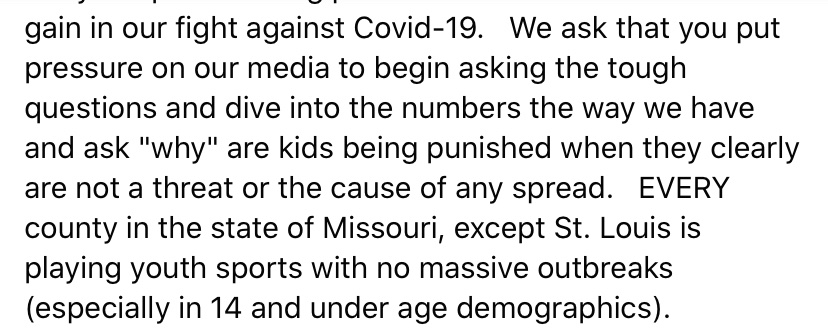 A statement from the Covid-19 Youth Sports Coalition. Please, my reporter friends, shine a light. @Frank_Cusumano @reneknottsports @martinkilcoyne2 @CharlieMarlow_ @SteveSavardKMOV @mikebushksdk @CaseyNolen @michaelcalhoun @Ackerman1120 @McGrawMilhaven @MarkReardonKMOX Thank you