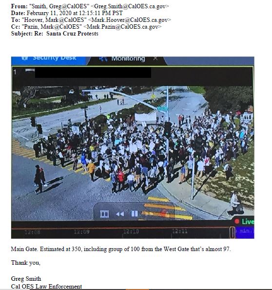 At UCSC, the cops deployed a drone that was evidently piping a live feed to the Cal OES officers' monitors at a command post near campus. This is apparently what that looked like. 6/