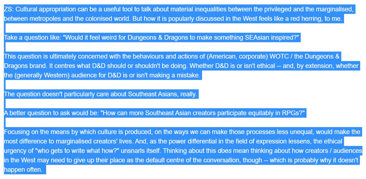 Ask me about D&D + cultural appropriation and you get a hot take I'm sorryAlso, how many different ways can I say:" Focus on *end-goal* prioritises assuaging the consciences of folks with power;Focus on *process* addresses material conditions of marginalised folks. "