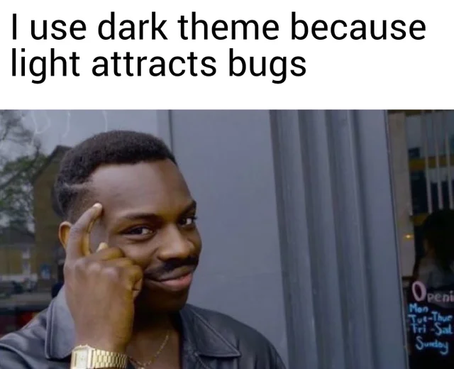 BeingHorizontal's tweet photo. Now this is one heck of a convincing argument to use dark themed IDE 😂 https://t.co/Kf0uqHyfbc