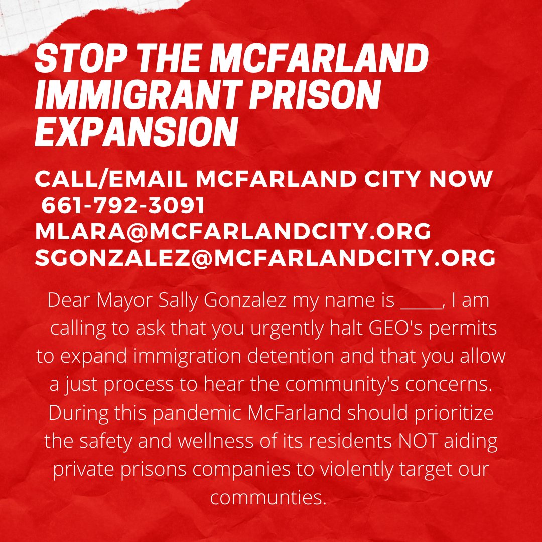 c_c_w_p's tweet photo. Call the city of McFarland & demand they stop GEO from expanding immigration detention! #GEOoutMcFarland
The city should prioritize the safety & wellness of its residents NOT aid prison companies in violently targeting communities. #AbolishICE #FlattenICE #StopICEtransfers https://t.co/AN2wzsuXAi