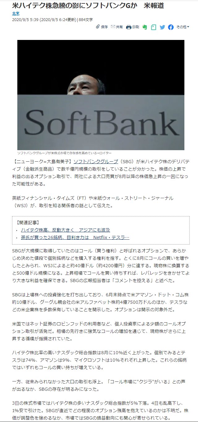 Sak On Twitter 米ハイテク株急騰の影にソフトバンクgか 米報道 Https T Co 1q1azfbi4z Sbgが大規模に取得していたのはコール 買う権利 と呼ばれるオプション とくに8月にコールの買いを増やしたとみられ Wsjによると約40億ドル 約4200億円 分に達する
