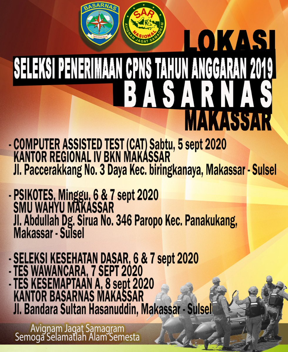 BSN_MAKASSAR's tweet photo. Pagi temanSAR, yang mengikuti test CAT siang ini, jangan lupa hadir 2 jam sblm waktu tes, pake maskernya, sempatkan untuk makan, dan yang terpenting doa restu orangtua, semoga di mudahkan.. 💪😎 https://t.co/Abw7yDaKmo