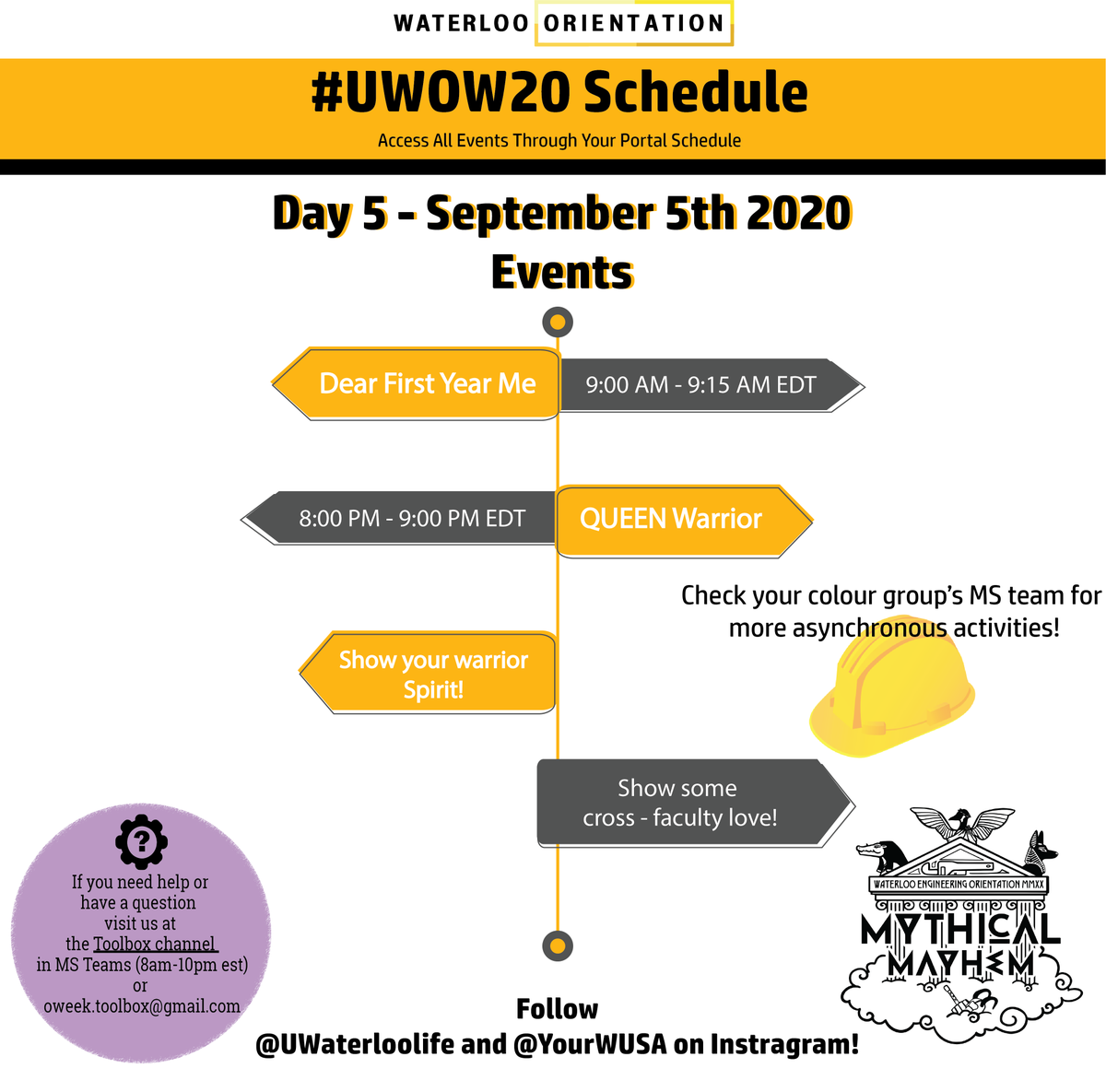 EngOrientation's tweet photo. Another day, another adventure!🤠Here's the schedule for day 5 of orientation!

Remember to use #YOURTEAMCOLOR(e.g. #DBLUE) in your Twitter posts about your day to collect points for your team! https://t.co/EnugyTjhj0