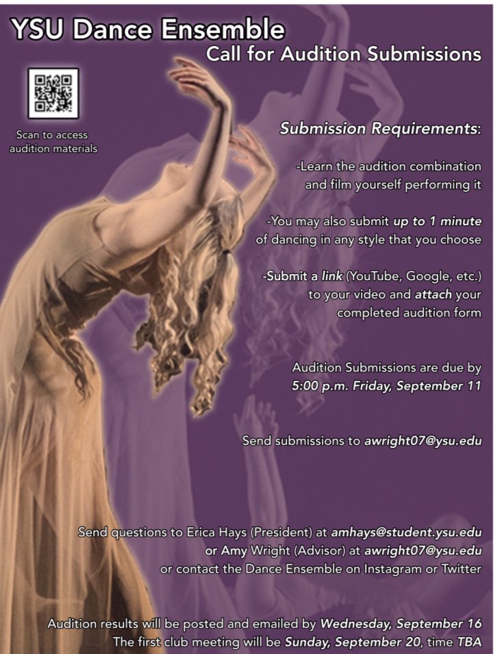 DANCE ENSEMBLE AUDITIONS ARE UPON US!

Auditions will be held via video submissions. Submissions will be due by end of the day September 11th. DM for questions and more audition information.