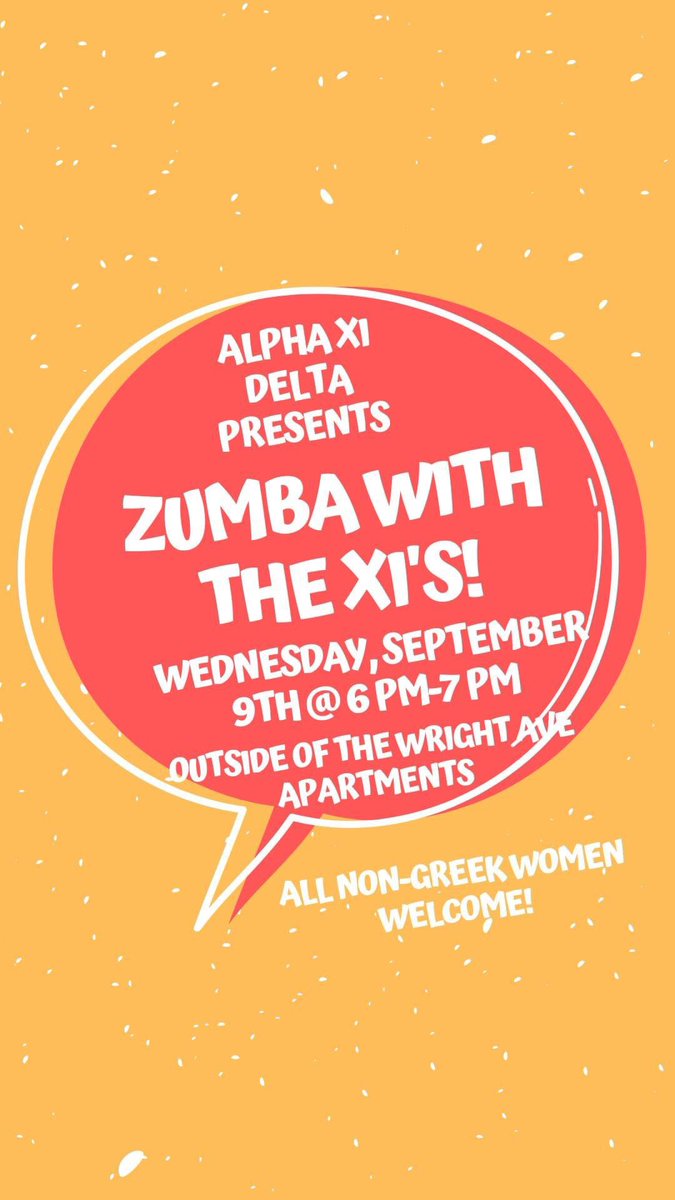 almaaxid's tweet photo. 🚨ATTENTION ALL NON-GREEK WOMEN🚨 Come join us for Zumba this upcoming Wednesday @ 6 pm outside of the Wright Ave Apartments!! Hope to see you there! https://t.co/basUl7VtcR