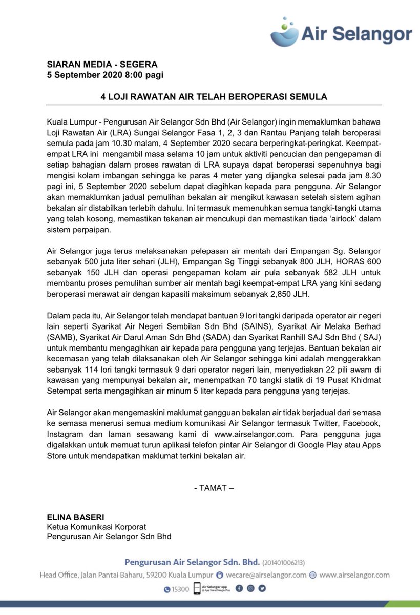 Air Selangor On Twitter Maklumat Terkini Gangguan Bekalan Air Tidak Berjadual Di 7 Wilayah Berikutan Pencemaran Sumber Air Mentah Maklumat Gangguan Bekalan Air Tidak Berjadual Akan Dikemaskini Dari Semasa Ke Semasa Di