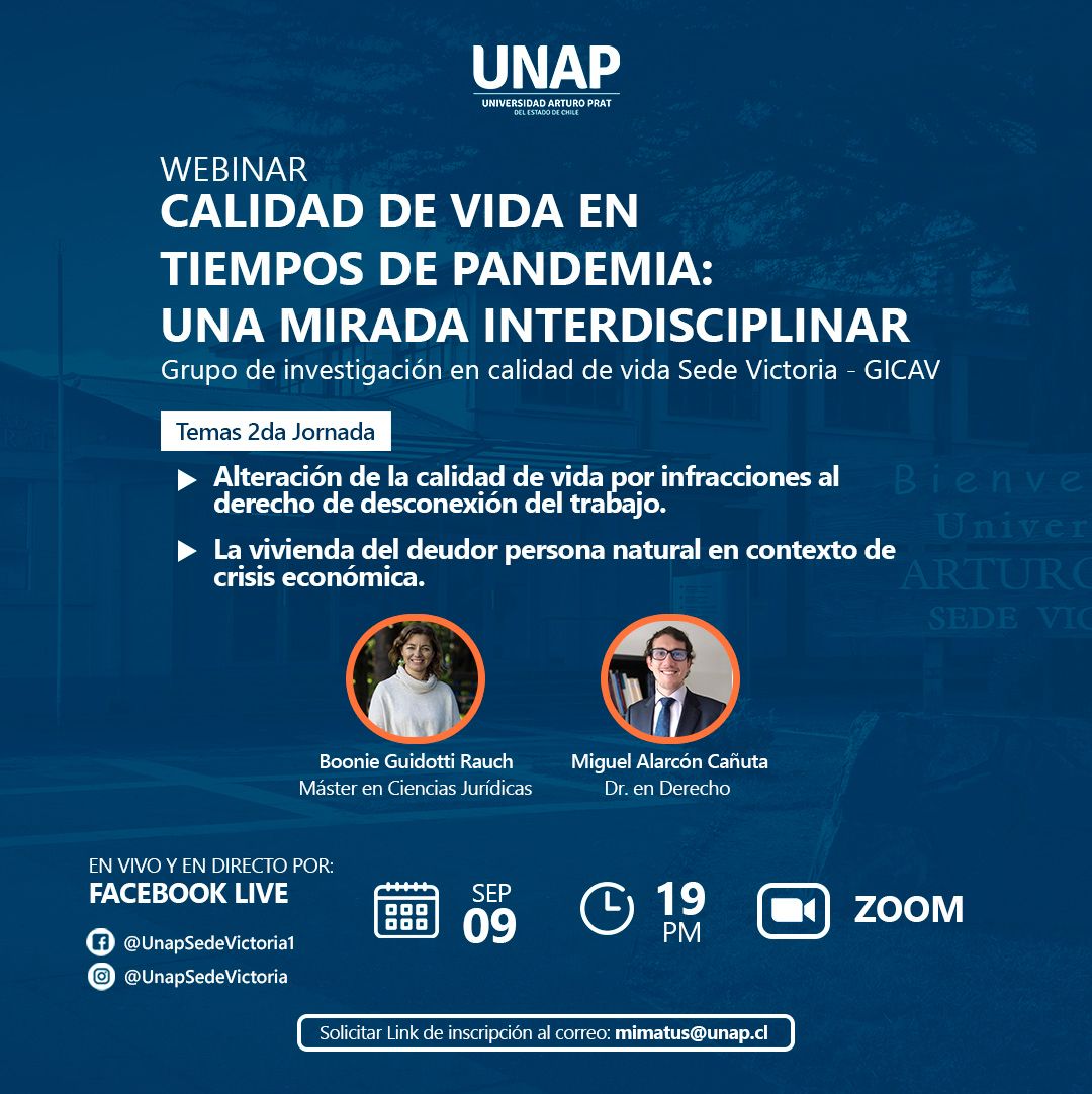 Unap_Victoria's tweet photo. Los invitamos a participar del 2do Webinar sobre Calidad de Vida en Tiempos de Pandemia. A realizarse el día miércoles 9 de septiembre a las 19:00 hrs.

Solicitar link de inscripción al correo: mimatus@unap.cl https://t.co/7vMs5IefeQ