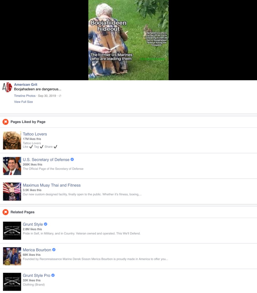 Granted this post is over a year old - that’s not my pointIt’s they are a “verified” news out let & they are downplaying Boojahideen https://m.facebook.com/TheAmericanGrit/photos/a.183800211822288/1218763954992570/?type=3But worse? Look who Facebook suggest you follow none other than  @EsperDoD  https://archive.is/guvzM 