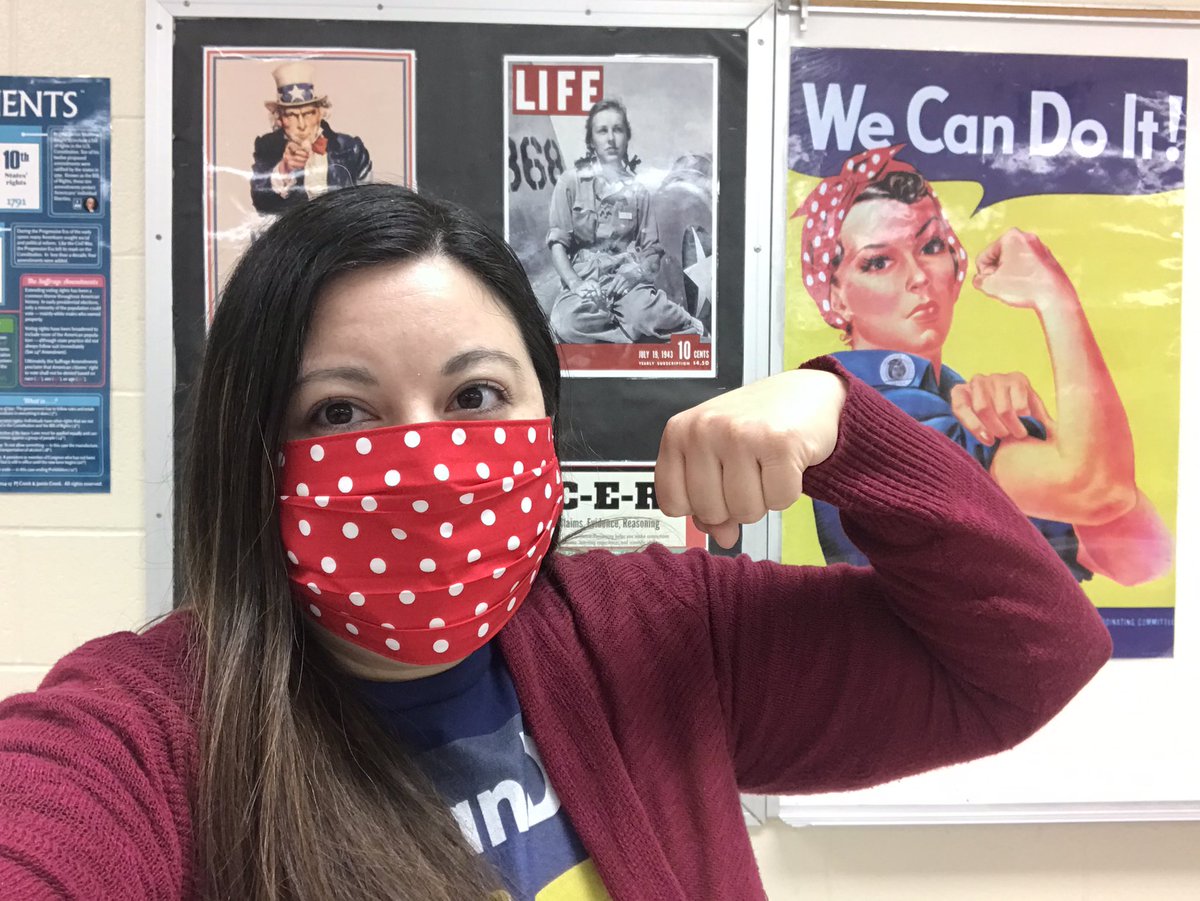 msgmakeshistory's tweet image. Thank you Mae Krier for my beautiful mask! More importantly, thank you for embodying the “We Can Do It!” spirit and teaching us that when the going gets though, the tough get going! #RosietheRiveter #WeCanDoIt  #JordanMSlegends #NISDBackTogetherBetter