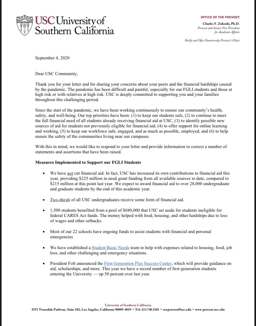 AffordableSC's tweet photo. Today AffordableSC &amp; those who participated in our email campaign received this response from Provost and Senior Vice President for Academic Affairs Charles F. Zukoski on behalf of USC Administration. 
Link for document (also linked in carrd) : https://t.co/gesbT2Ex8v https://t.co/WtM5WzC4qH