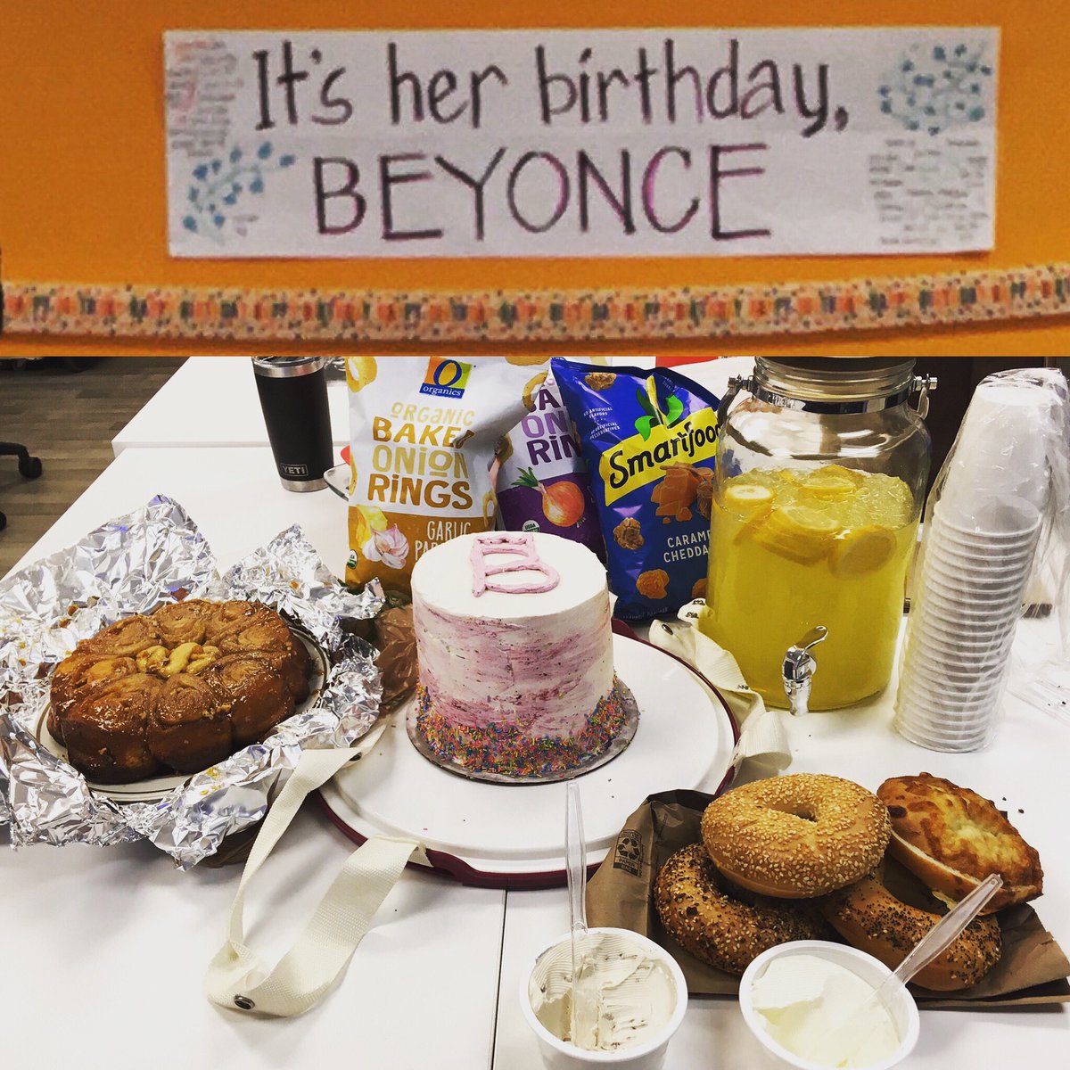 today, the PICU med/surg team’s themed Friday was a Beyoncé bday party, complete w honeybuns 🐝, Bey-gels🥯, lemonade 🍹, baked onion rings (to put a 💍on it) &amp; a Blue-berry lemon(-ade) layer cake 🎂. honestly...these guys outdid themselves 👏🏽#ilovemyresidentsandfellows <a href="/Beyonce/">BEYONCÉ</a>
