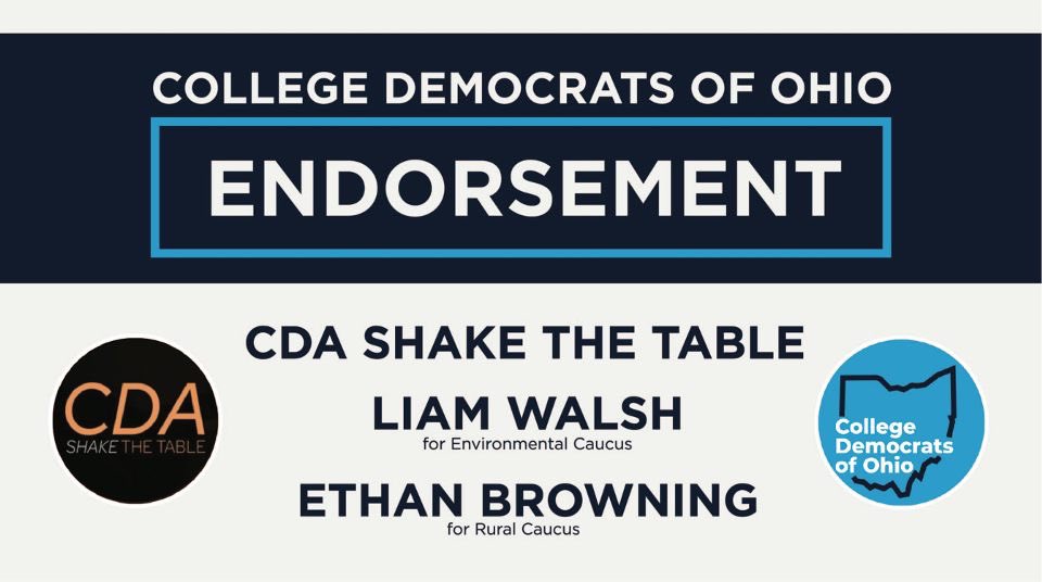 CollegeDemsOhio's tweet photo. The College Democrats of Ohio are proud to endorse the @CDASTT slate, Liam Walsh, and Ethan Browning for CDA positions! https://t.co/BFmc6Qy980