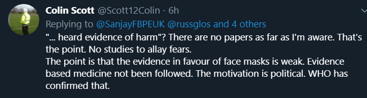 3/ After many tweets trying he finally says he does not have evidence. So I ask him to retract the assertion that non-medical masks for the general population cause harm: