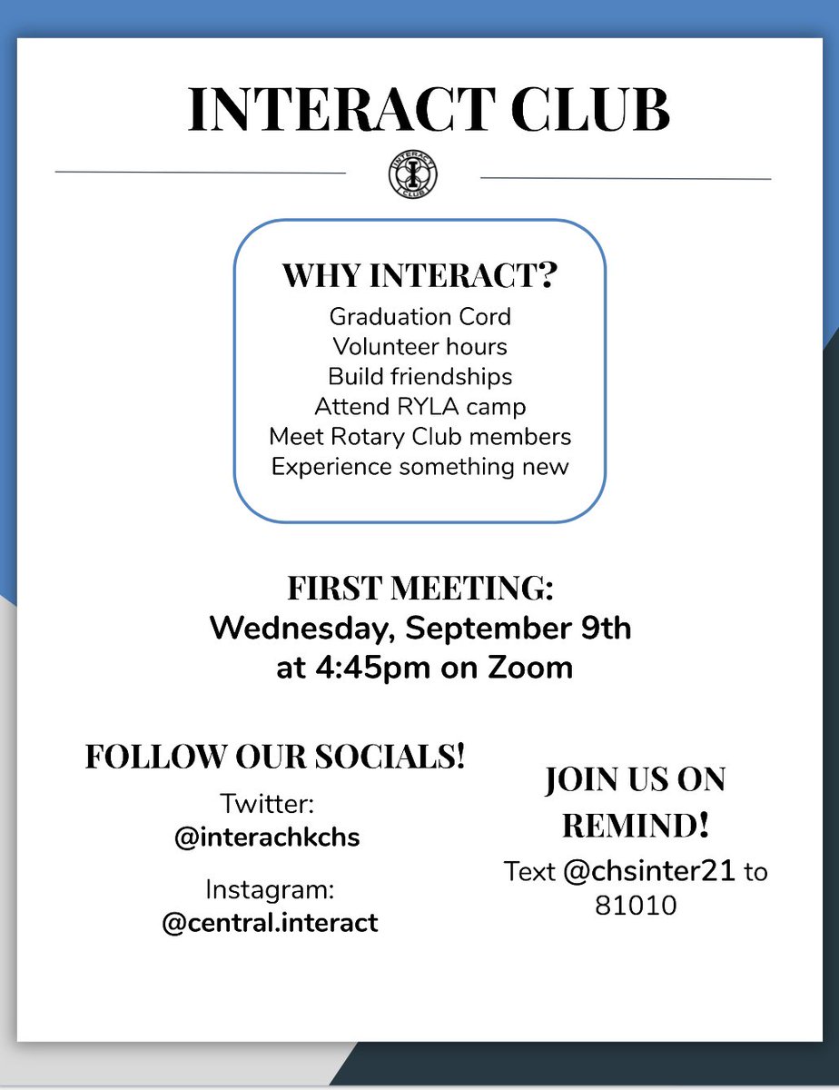 Hey Chargers! Be on the lookout for Interact club flyers around the school next week! Our first meeting will be held on Wed, Sept 9th via Zoom. Please join our remind 101/ follow us on social media to be notified when the meeting link is sent out, can’t wait to see y’all there :)