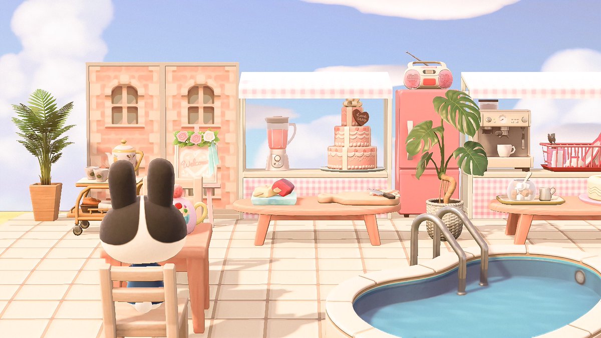 giantribbon's tweet photo. — 🌸 playing around and made a cafe inspired by the stylenanda pink pool cafe in seoul! ft our first customer dotty (๑•͈ᴗ•͈)

🏷 #acnh #animalcrossing https://t.co/Hb14JCUPxo