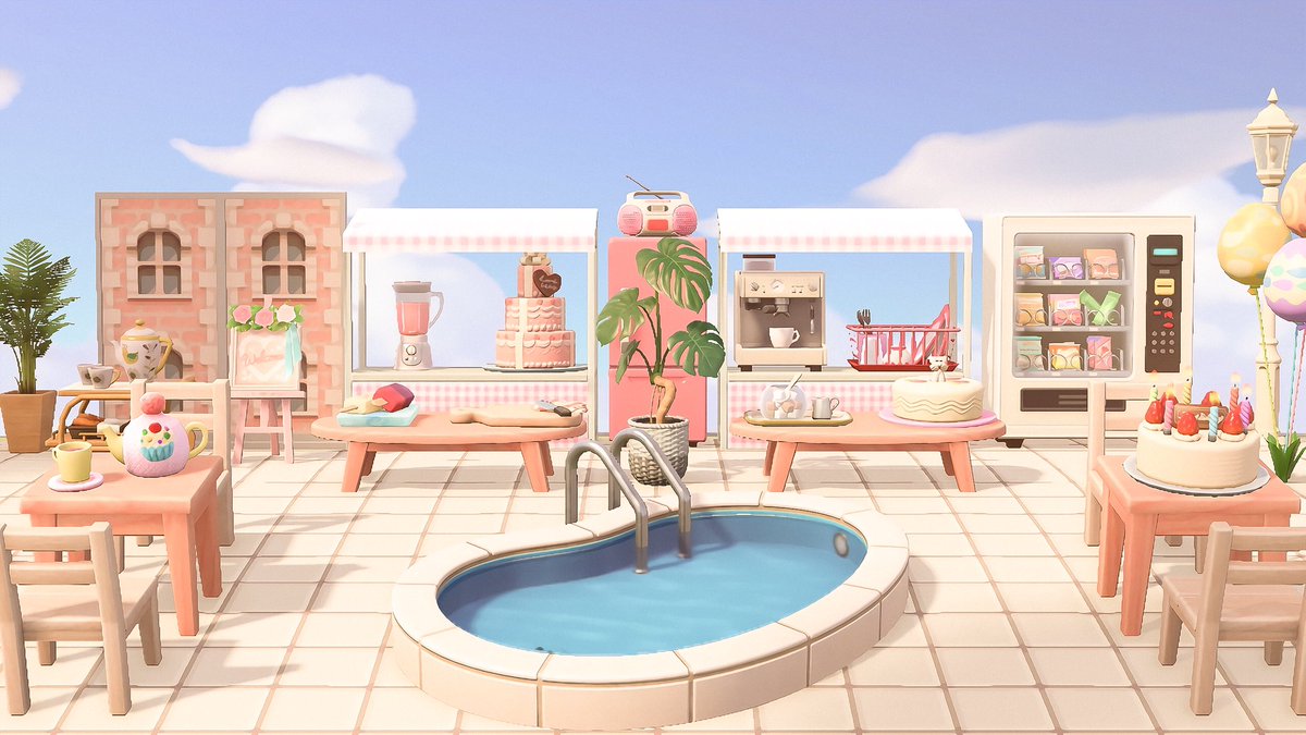 giantribbon's tweet photo. — 🌸 playing around and made a cafe inspired by the stylenanda pink pool cafe in seoul! ft our first customer dotty (๑•͈ᴗ•͈)

🏷 #acnh #animalcrossing https://t.co/Hb14JCUPxo