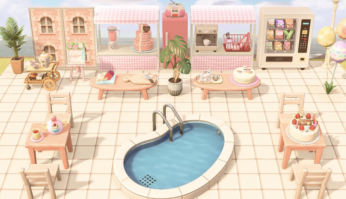 giantribbon's tweet photo. — 🌸 playing around and made a cafe inspired by the stylenanda pink pool cafe in seoul! ft our first customer dotty (๑•͈ᴗ•͈)

🏷 #acnh #animalcrossing https://t.co/Hb14JCUPxo