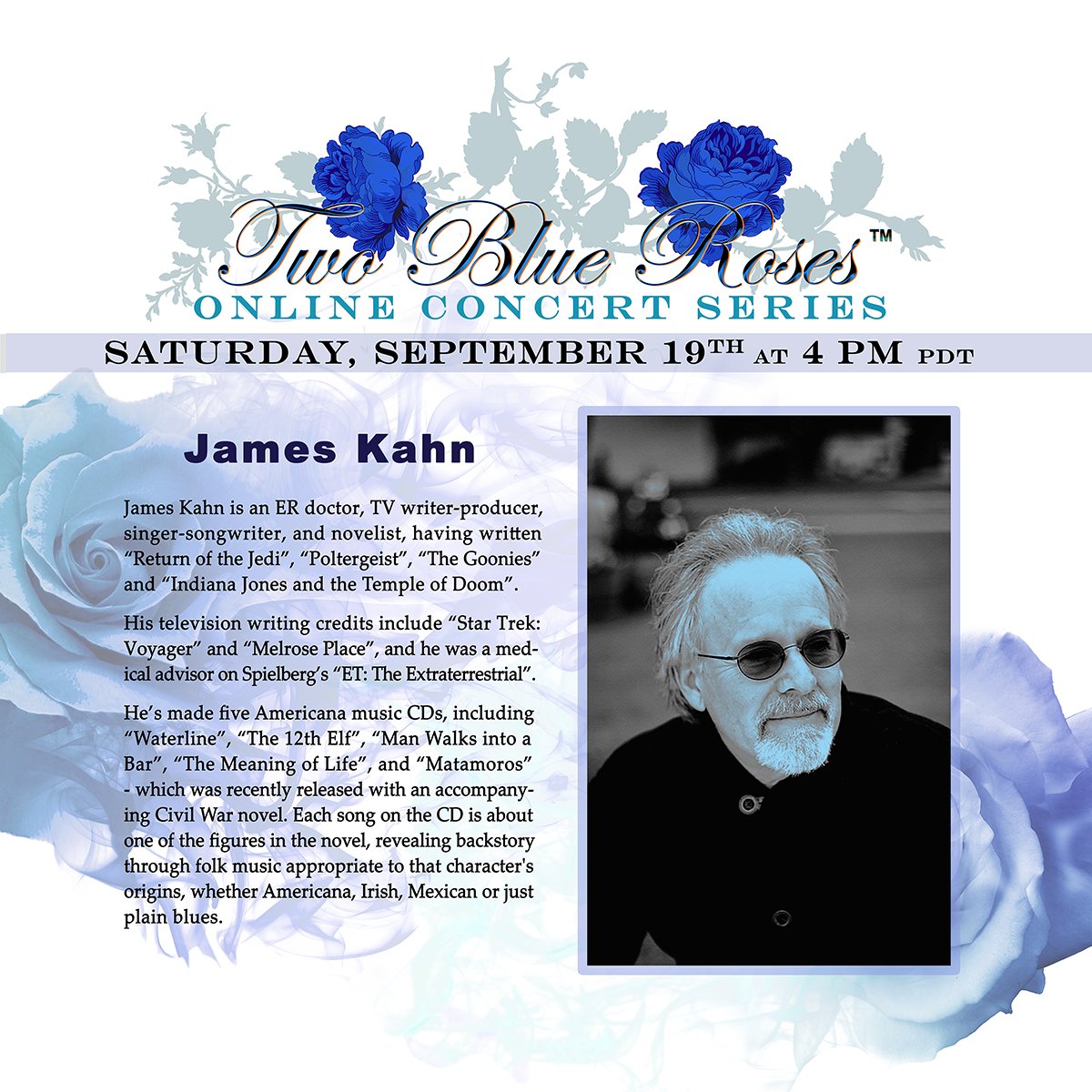 MomHen's tweet photo. Mark your calendars and make sure to tune in!
Saturday, Sept 19th at 4 PM PDT:
#TwoBlueRoses Presents @ThatJamesKahn Online
On Facebook Live here: https://t.co/FqUee4bn5F https://t.co/Tss2kb1DyD
