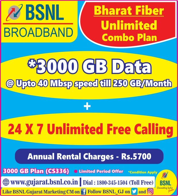 BSNL_GJ's tweet photo. #BSNL's Unlimited Bharat Fiber Broadband 3000 GB Plan @ Rs.5700/- Annual Charges.
Speed upto 40 MBPS till 250 GB/month, upto 1 MBPS beyond
For Booking of New connection or Plan change click https://t.co/j53CwfI6Iu
@BSNLCorporate  
 @CMDBSNL   
@CGM_GUJ_BSNL  
@impksaha https://t.co/oPDiRlmC7w