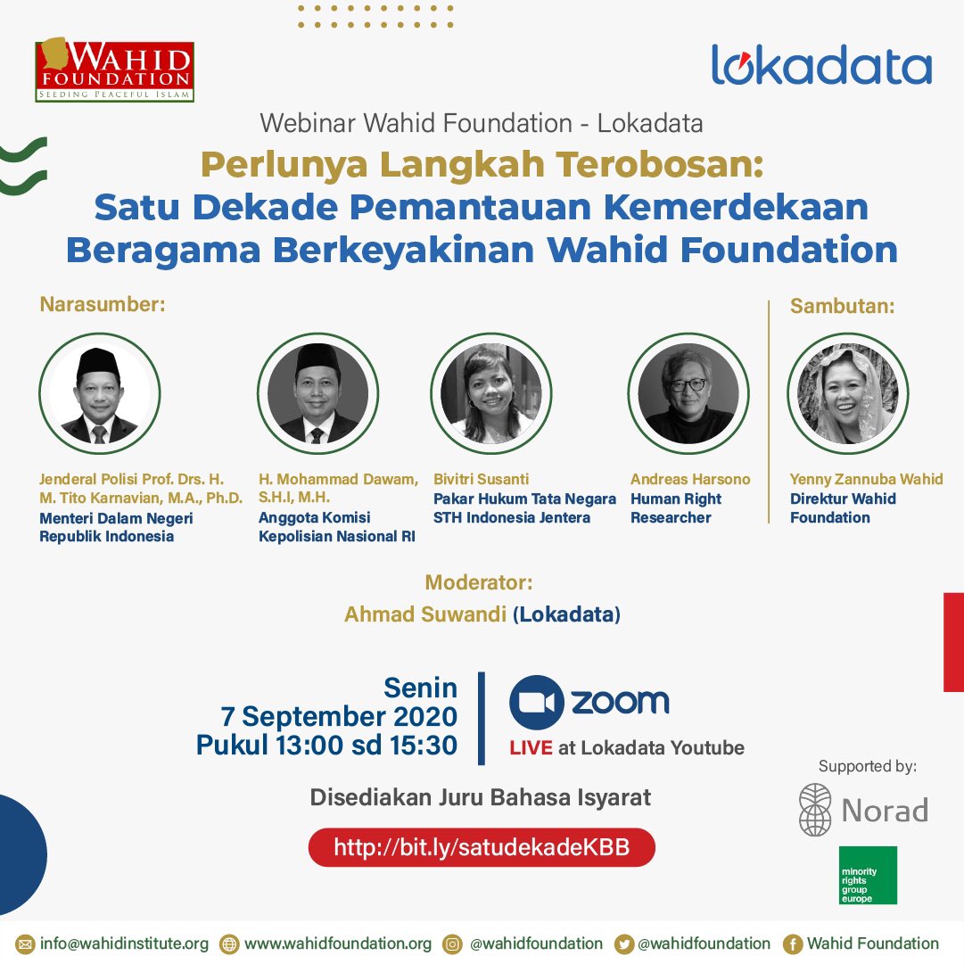 LokadataID's tweet photo. Ikuti Webinar "Perlunya Langkah Terobosan: Satu Dekade Pemantauan Kebebasan Beragama Berkeyakinan" bersama @wahidfoundation, Tito Karnavian (Menteri Dalam Negeri RI), dan lainnya.

Senin (7/9/2020), pukul 13.00 WIB.
Sila daftar di sini: https://t.co/TiF3kmAEu6 https://t.co/GOsmpjYLSb