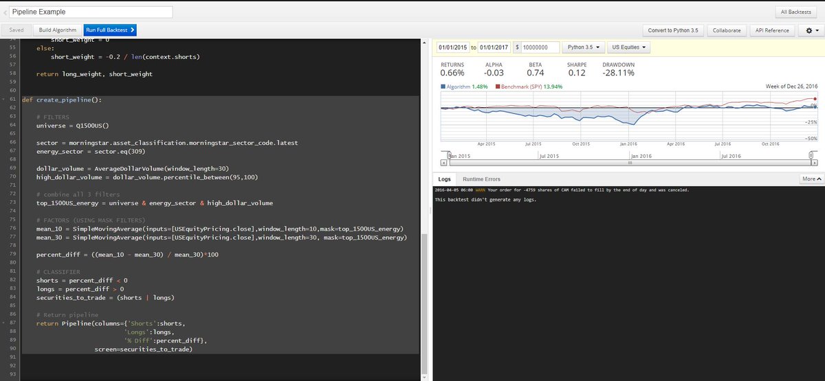 import_alexward's tweet photo. #100DaysOfCode Day 87:

Today I transferred the knowledge on creating pipelines in the @quantopian notebooks into implementing a pipeline within the IDE for use in a trading algorithm. https://t.co/Hl8CEsh4yO