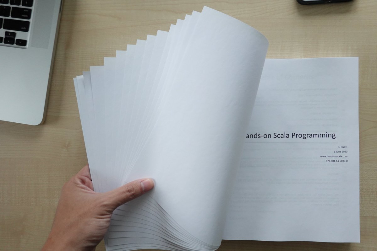 li_haoyi's tweet image. Latest physical proof of my book handsonscala.com seems to be a mis-print: with 14 unwanted blank pages inside the front cover resulting in a spine that no longer lines up with the cover design. Have reached out to @IngramSpark for help, hopefully they can help sort it out