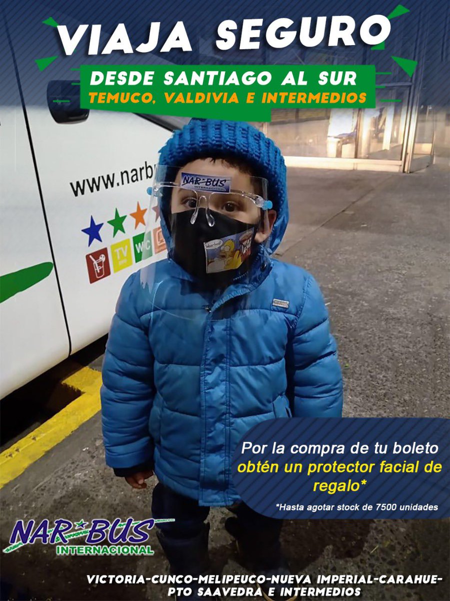 BusesNarbus's tweet photo. ¡Si viajas junto a nosotros desde Santiago al sur, te queremos seguir #cuidando! 

Durante esta fase de transición, cuando viajes junto a nosotros, en servicios interurbanos, recibirás un protector facial de #regalo*. 
*Stock de 7.500 unidades. 

https://t.co/HCJ70Wglbn https://t.co/zuRxF9RqYh