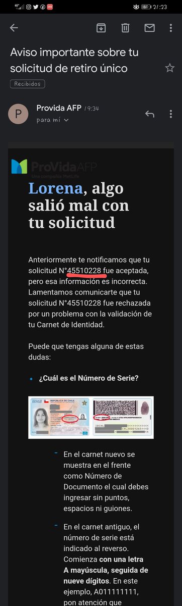 lpmunozs's tweet photo. #Retiro10xCiento @24HorasTVN @ContigoCHV 1)revisan y confirman mi solicitud de retiro 45510225. 2)Después de 1mes me dicen q tengo retención x pensión. 3)Hoy la solicitud 45510228 ? salió rechazada x error al digitar n. de serie. Soltera SIN HIJOS! @AFP_Provida @Superpensiones https://t.co/AWa6lkTzKh